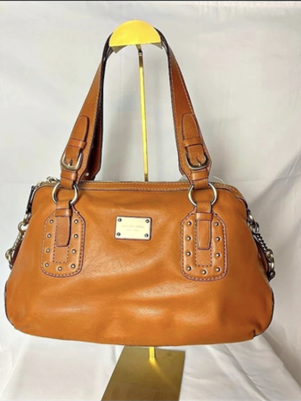 Michael Kors Cognac Brown Leather Studded Satchel Gold Hardware Y2K